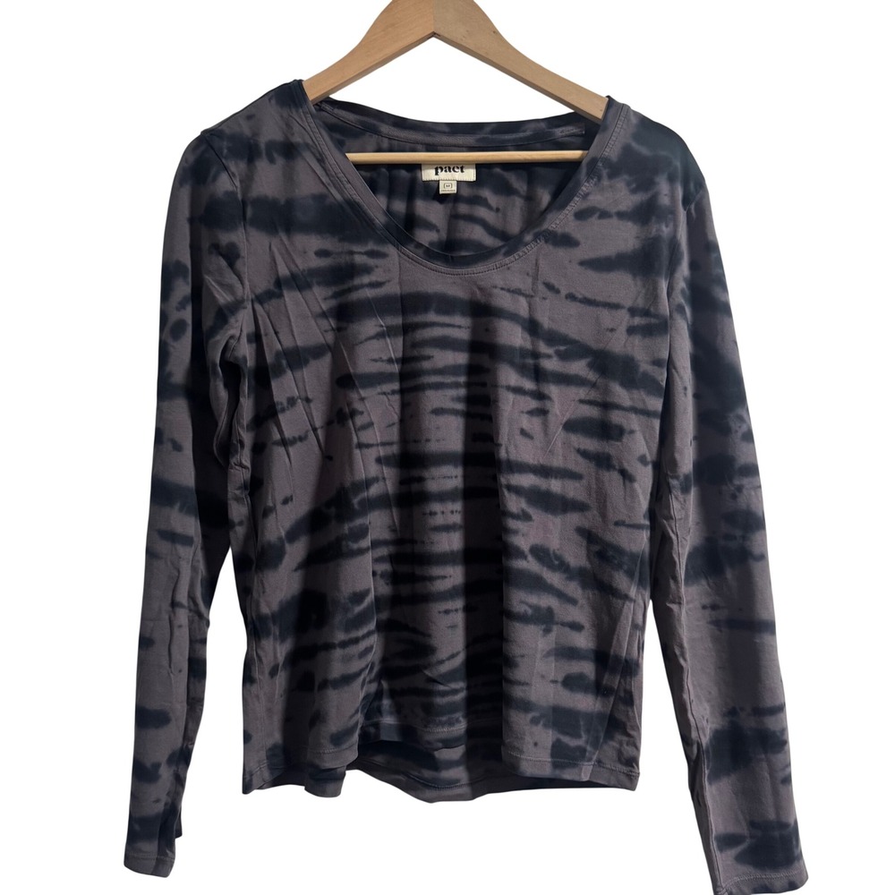 Pact Organic Cotton Long Sleeve Scoop Neck Tie Dye Tee Charcoal Black M